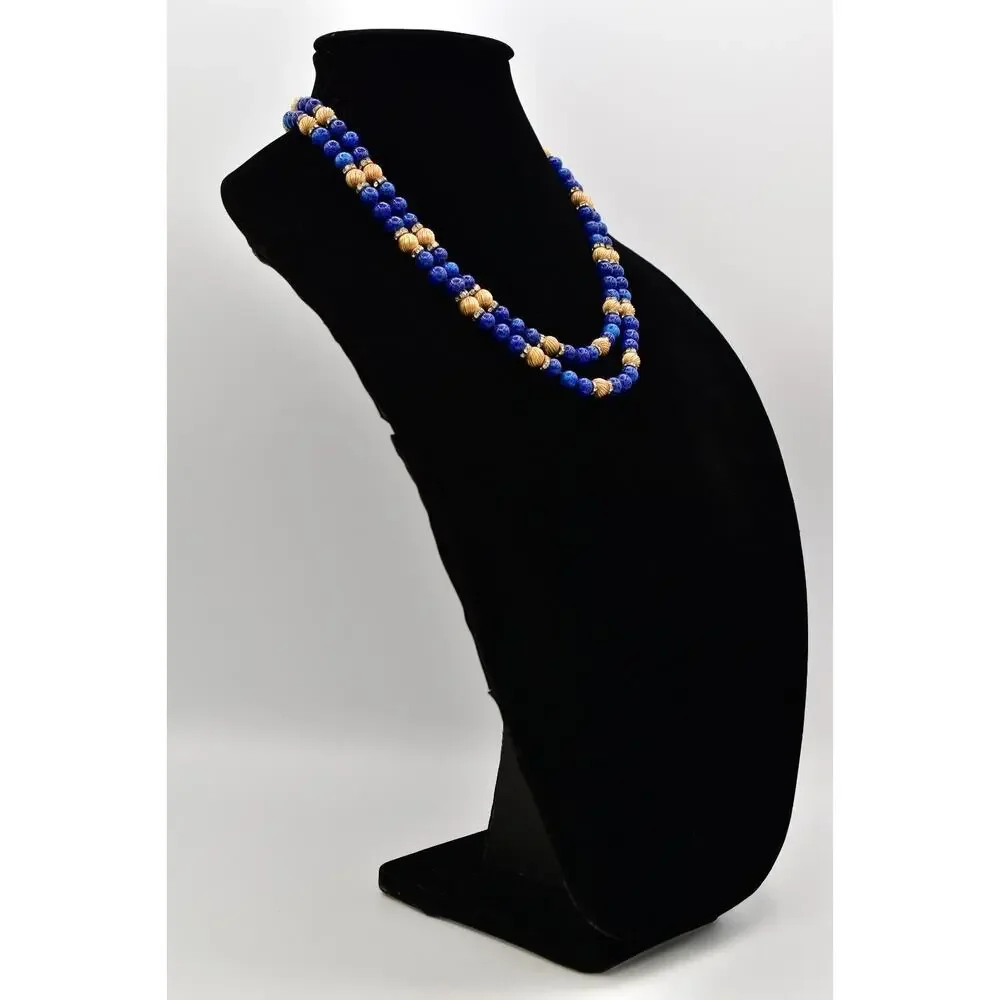 Vintage Lapis Lazuli Collar Beaded Necklace Layered Gold Tone Crystal 70s BinBD